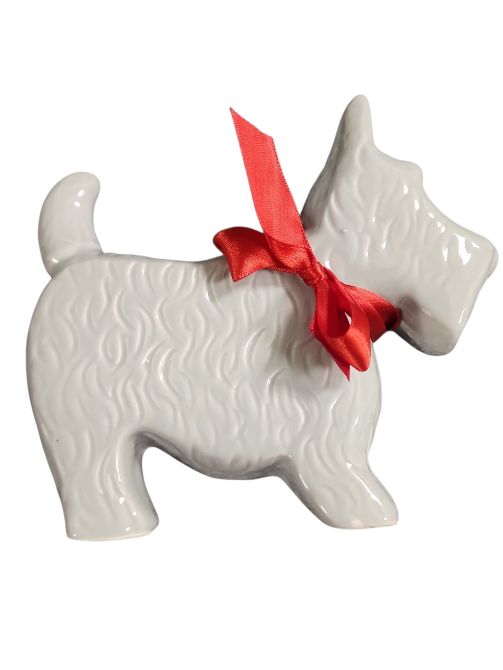 White Ceramic Scottie Dog Figurine with Red Ribbon - Home Accent
